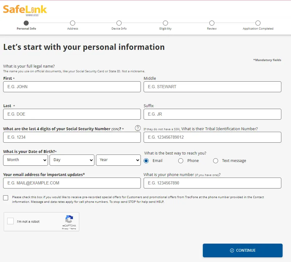 A screen shot of the safelink personal information form page