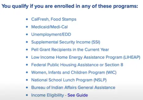 A screen shot of a page that has a list of programs to be enrolled in order to qualify