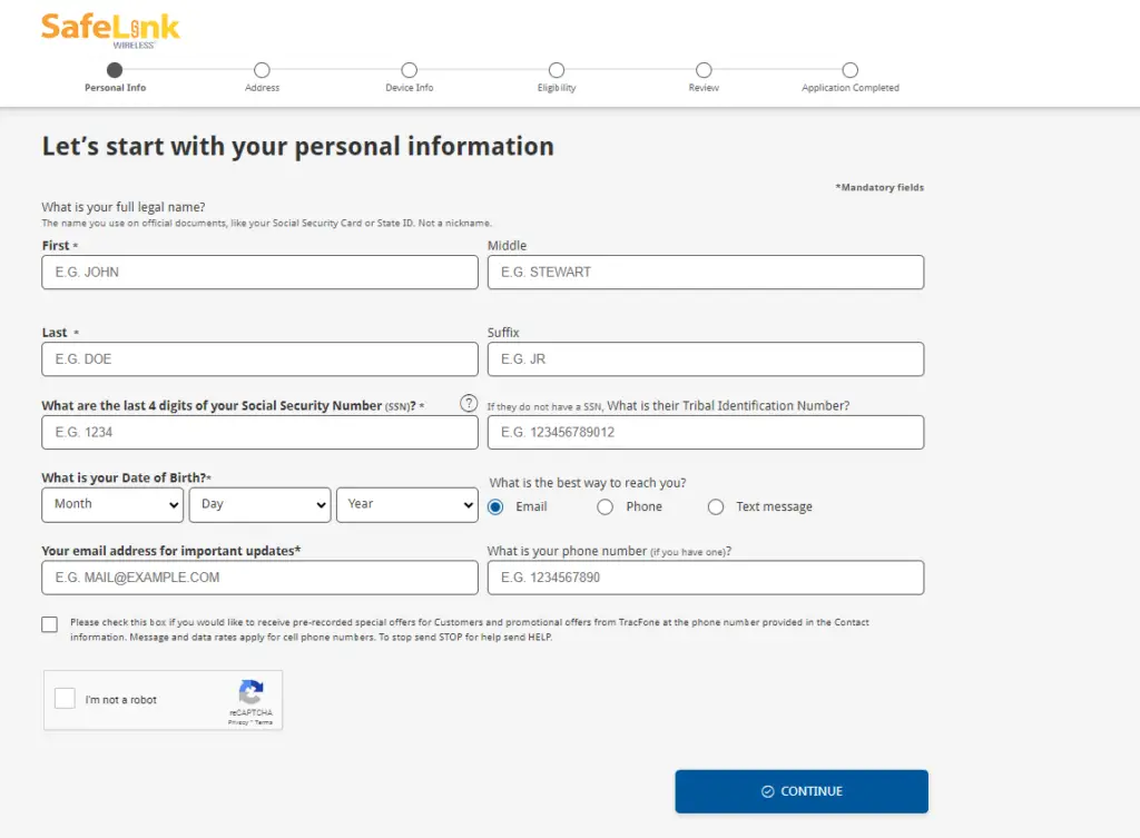 A screenshot of a safelink application web form