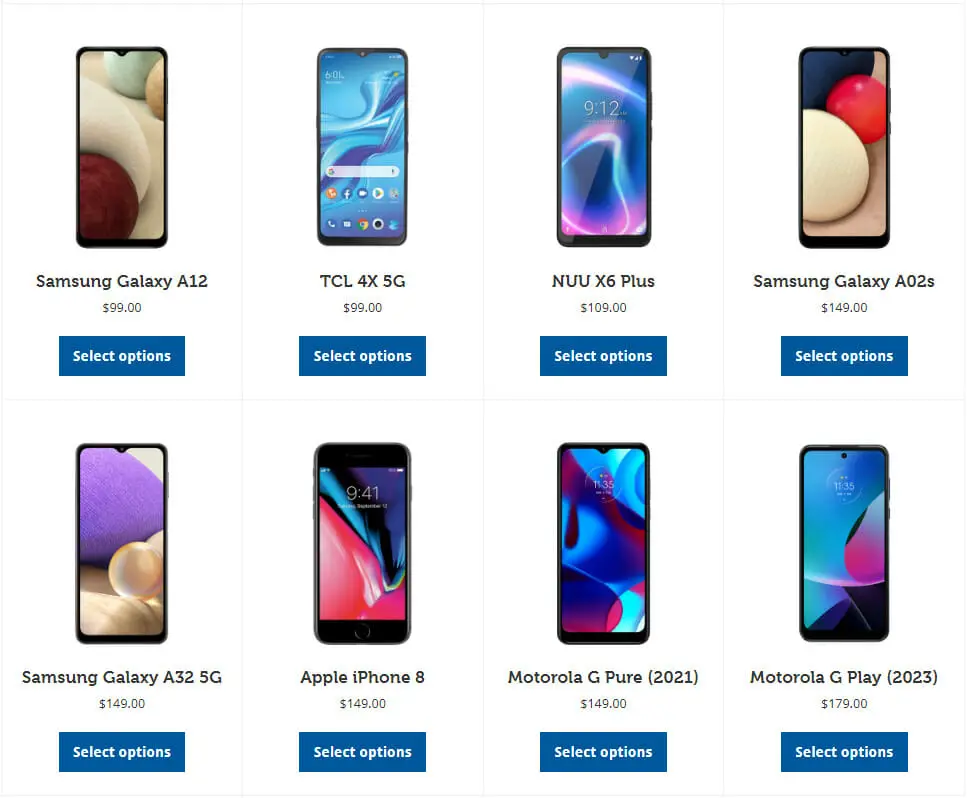 A variety of phone devices plan option displayed with amount
