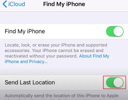 Find My iPhone setting