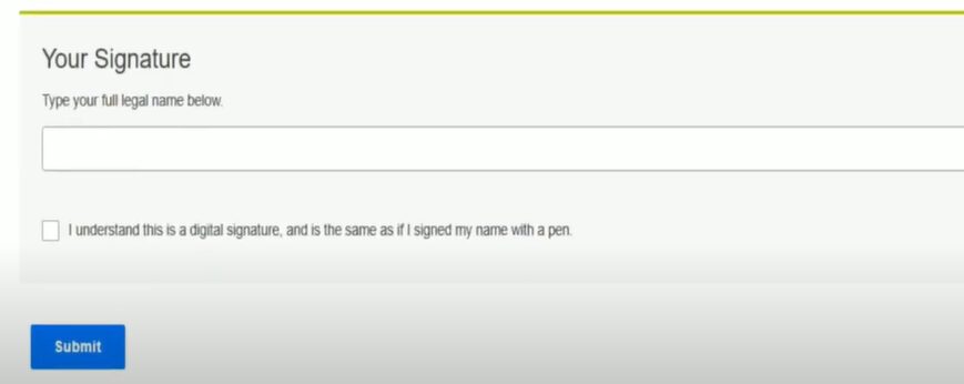 A signature field in a web form and a submit button