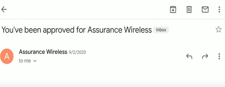 A screenshot of an email approval received from Assurance Wireless