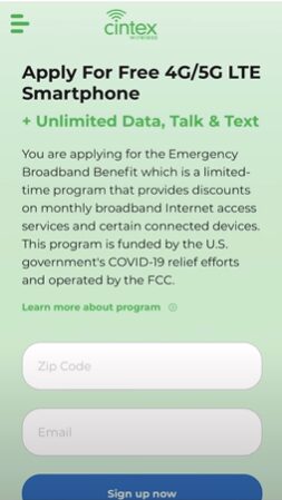 An online application form for Cintex's free 46/5g lte smartphones
