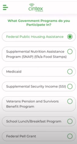 Cintex Wireless form for applying a government programs