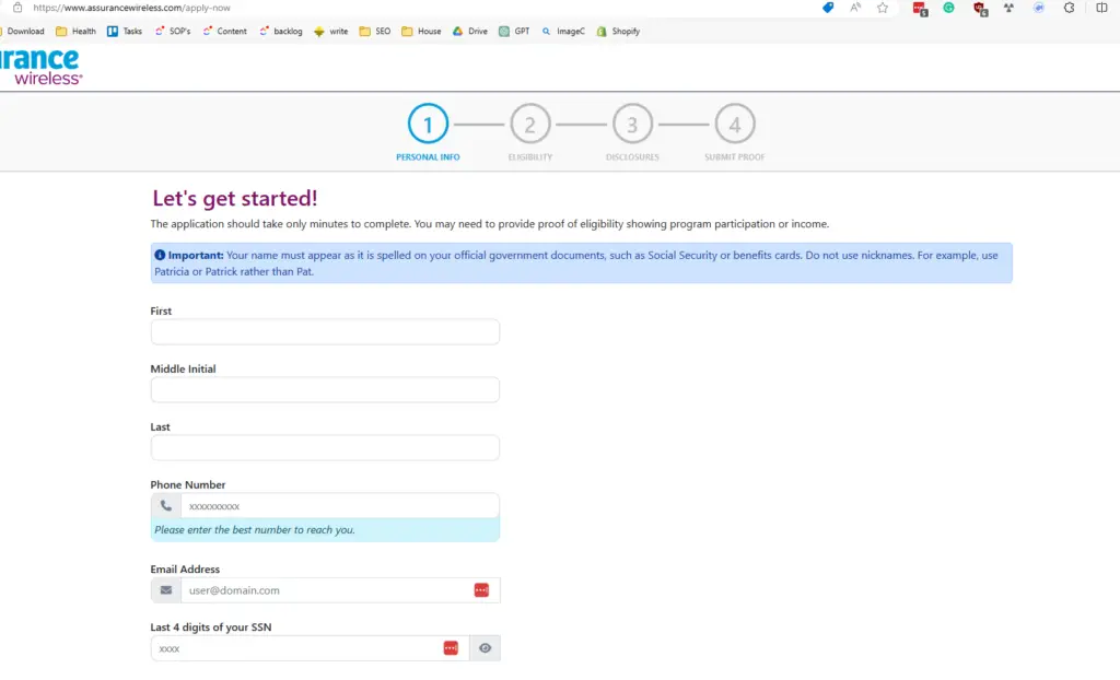 A screenshot of Assurance Wireless web page with a form application