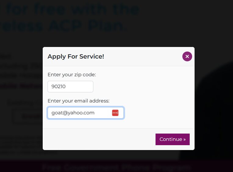 A webform pop up for applying a new service plan