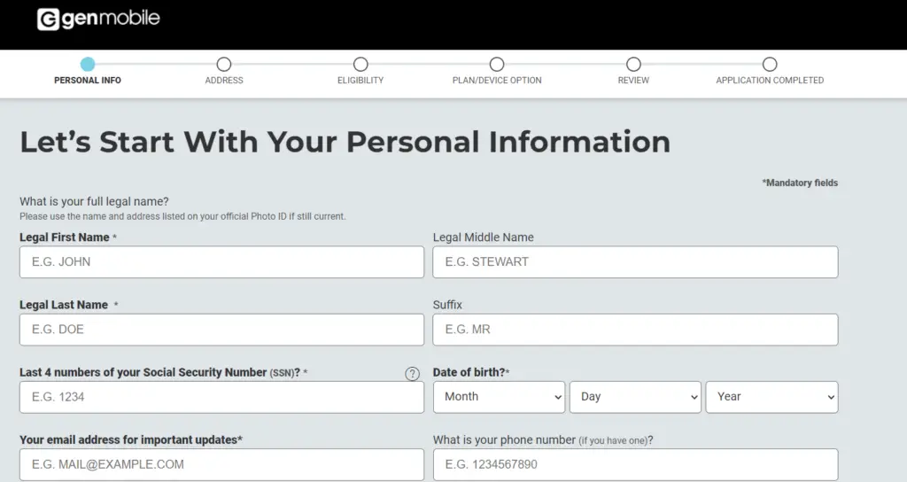 A screenshot of a GenMobile application webpage form
