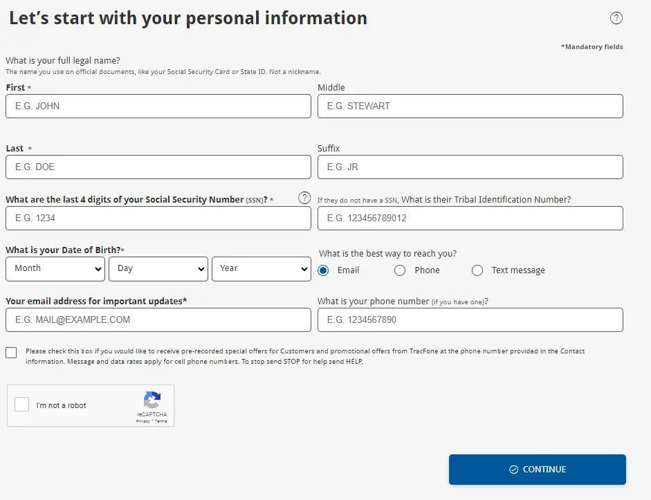 A web form for personal information