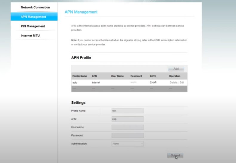 A screenshot of the APN management page