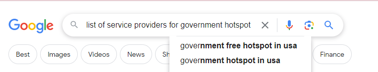 A google search screenshot for keywords "list of service providers for government hotspot"