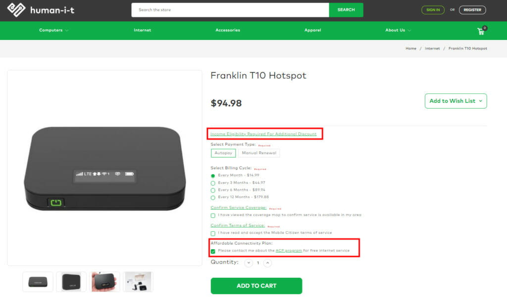 A human-i-t webpage displaying the information of Franklin T10 Hotspot device