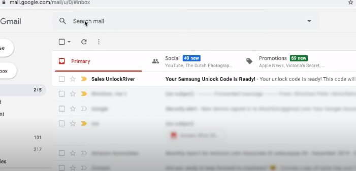 An email confirmation screenshot for Samsung Unlock from UnlockRiver.com