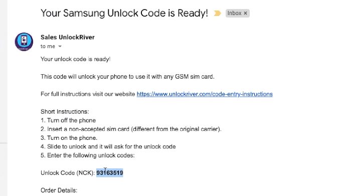 An email detailing a Samsun Unlock Code details from unlockriver.com