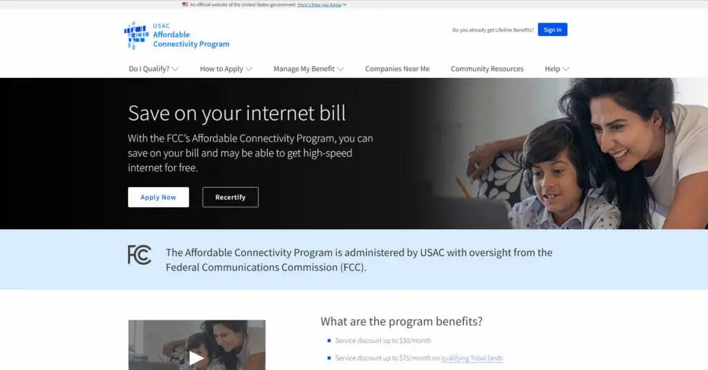USAC Affordable Connectivity Program website's homepage
