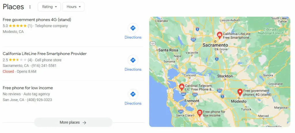Free government phones places in a google map