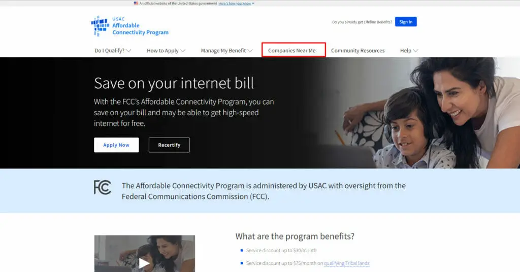 USAC Affordable Connectivity Program website's companies near me menu