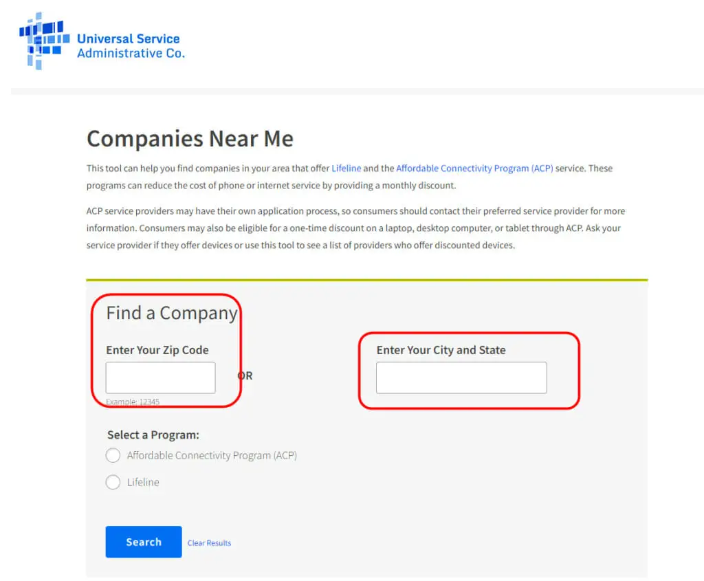 USAC Affordable Connectivity Program webpage form to find a company near you