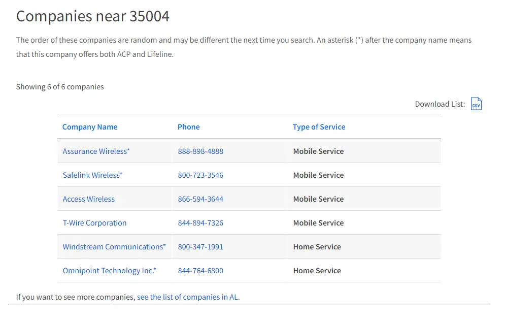 USAC Affordable Connectivity Program form to find a company near - results page