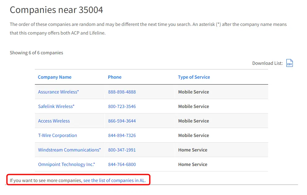 results pages of a USAC Affordable Connectivity Program search page for company near