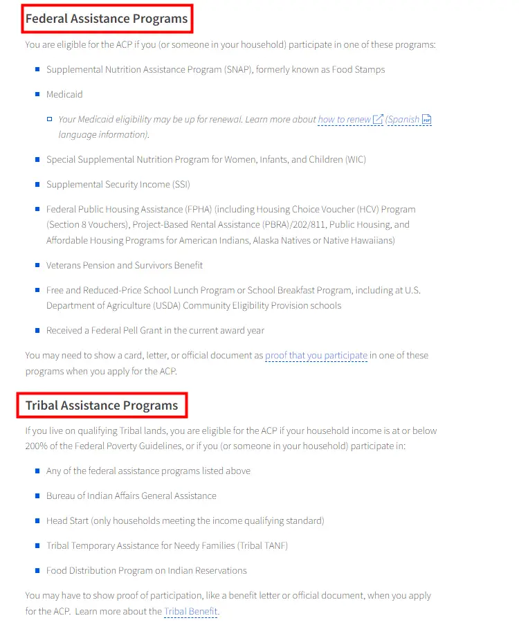 A list of Federal and Tribal Assistance Program in the US