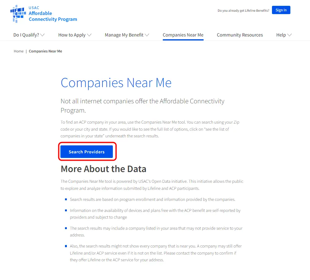 USAC webpage to search for companies near me