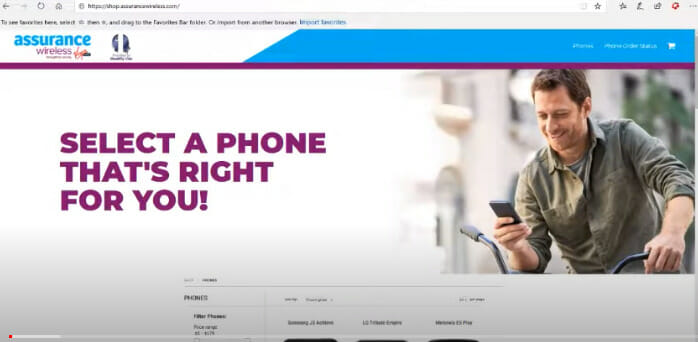 Assurance Wireless homepage website with banner that says "SELECT A PHONE THAT'S RIGHT FOR YOU!"