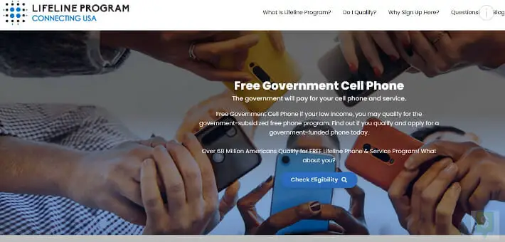 A Lifeline Program Connecting USA website's homepage with slider banner that says: Free Government Cell Phone