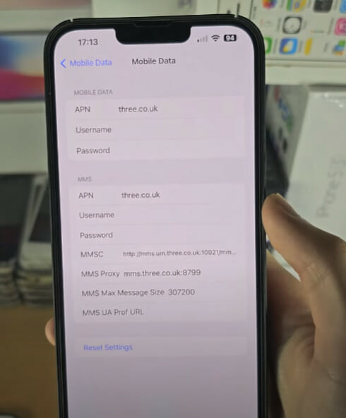 A person is holding an iPhone showing the information of the APN setting