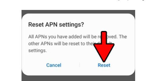 A reset pop up window for APN settings