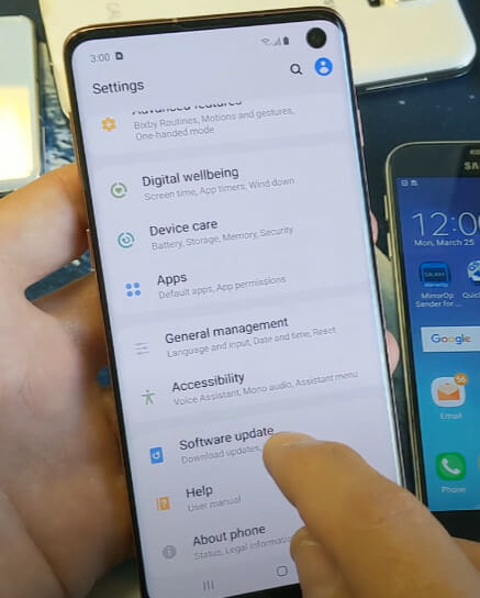 A person holding a phone and tapping on the 'Software Update' option