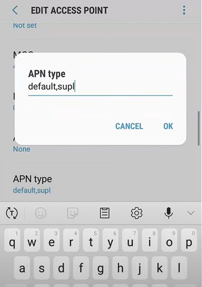 Editing APN type to default, supl