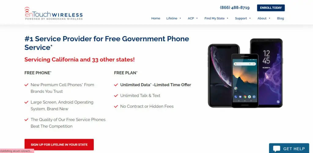 enTouch Wireless website with Free government cell phone service ad on it