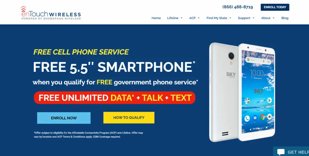 A website of enTouch Wireless with the ad for FREE 5.5 Smartphone