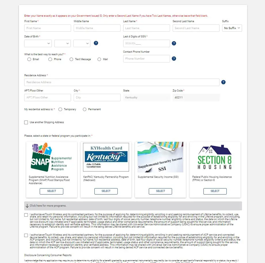 A screen shot of the application form