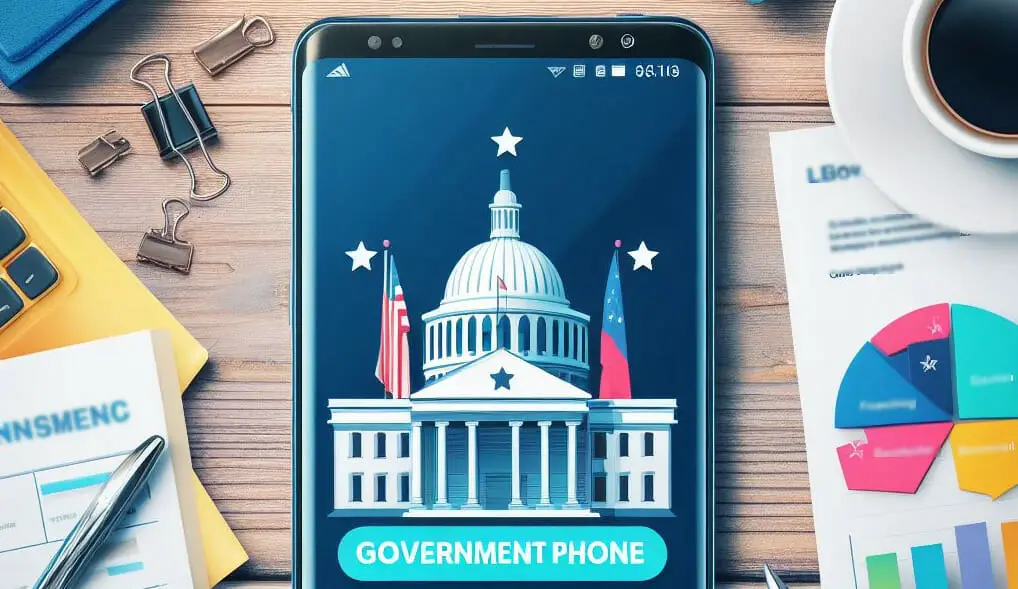 A desk with documents, clips, coffee and a phone in the center with an image of a building and text GOVERNMENT PHONE in it