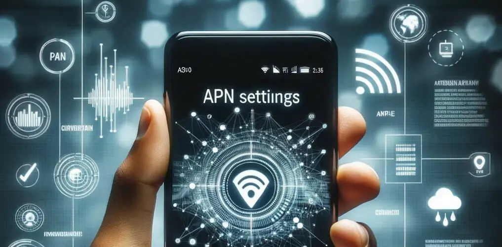 A hand holding a smartphone with the word apn settings on it.