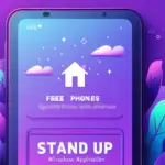 A banner in a purple background with phone that has text on the screen like FREE PHONES and STAND UP Wireless application