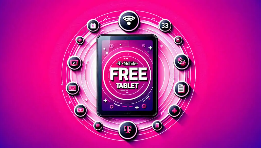 A tablet in a pink background with the words "T-Mobile Free Tablet" on it