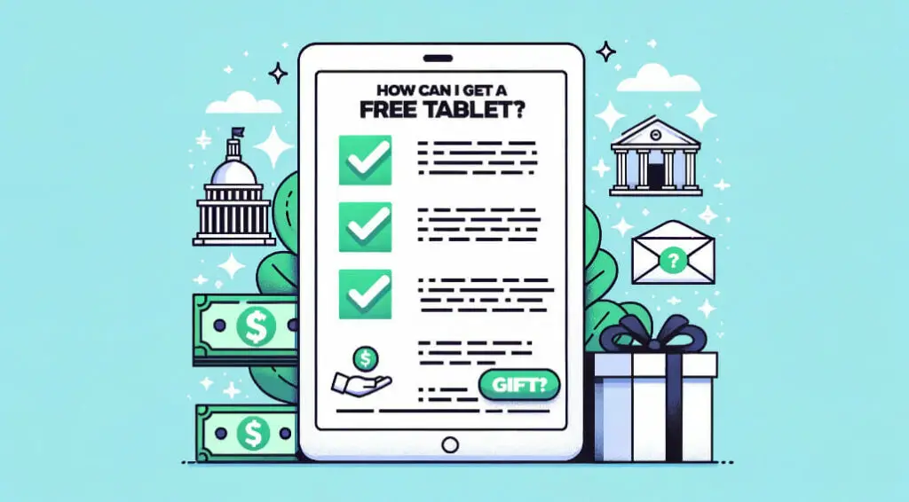An image illustration with a tablet that has a text "HOW CAN I GET A FREE TABLET?"