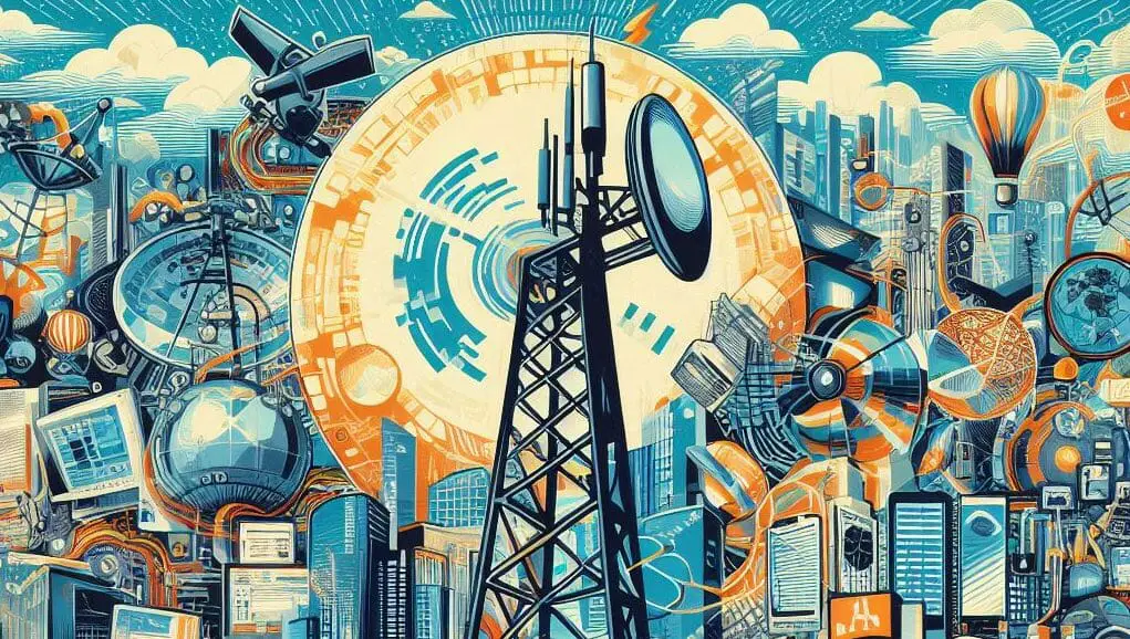 An illustration of a city with a cell tower and other objects