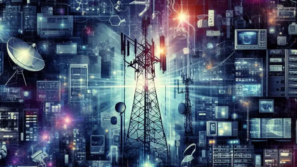 An image of a city with telecommunication towers and other electronic devices
