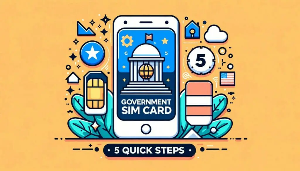 A banner in yellow background with icons and cellphone graphic with text that says "GOVERNMENT SIM CARD 5 QUICK STEPS"