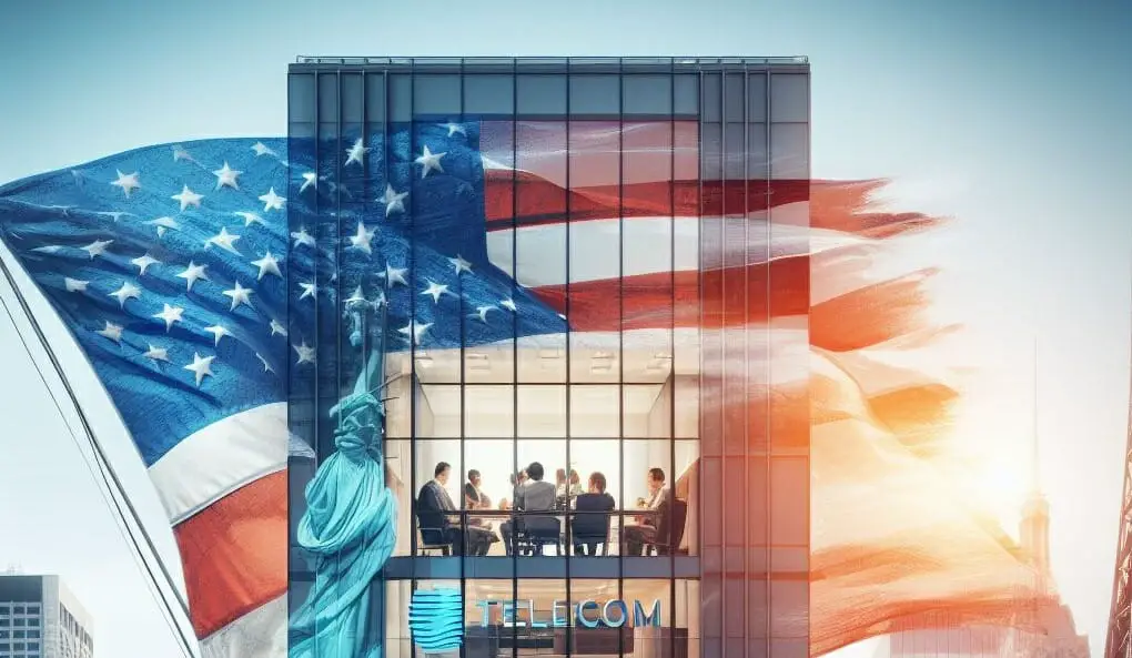 Business building with people in a conference room and a USA flag on the background