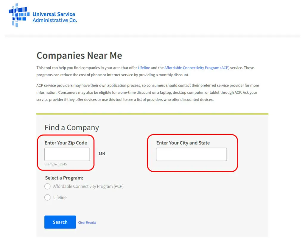 USAC website with companies near me form to find company