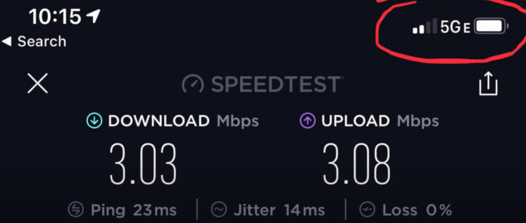 A screenshot for a 5G connection speedtest