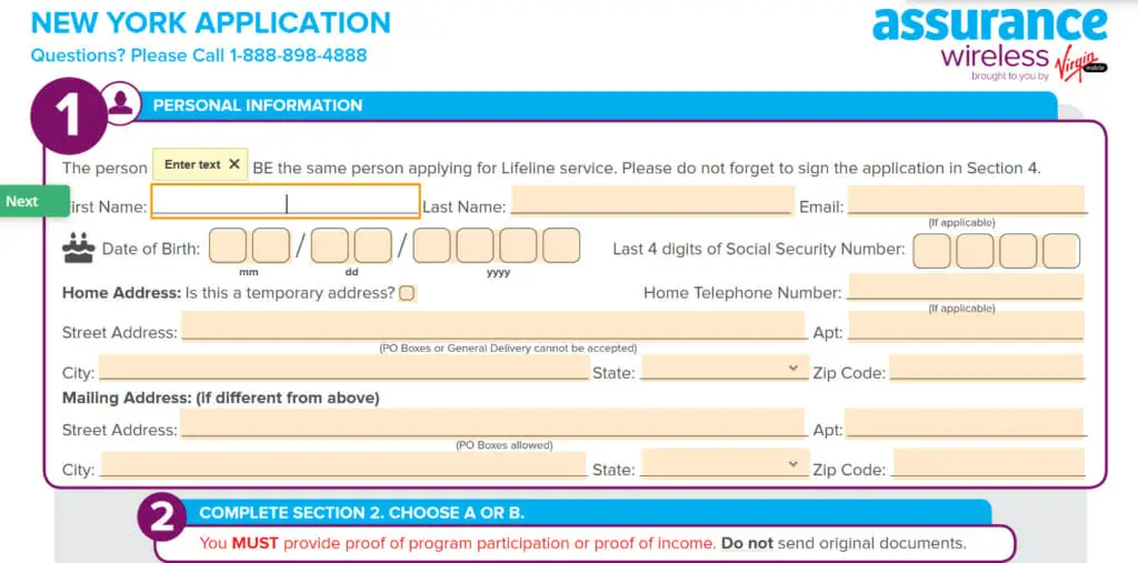 Assurance Wireless website's New York application form