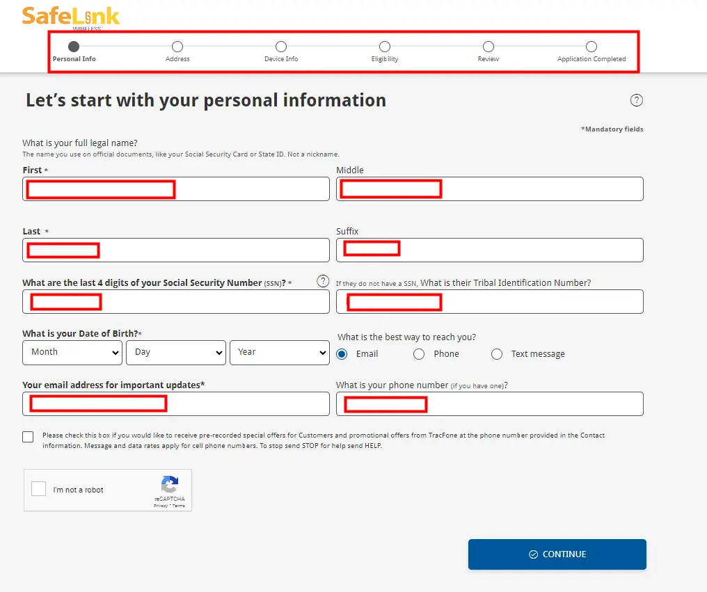Safelink personal information web form for verification