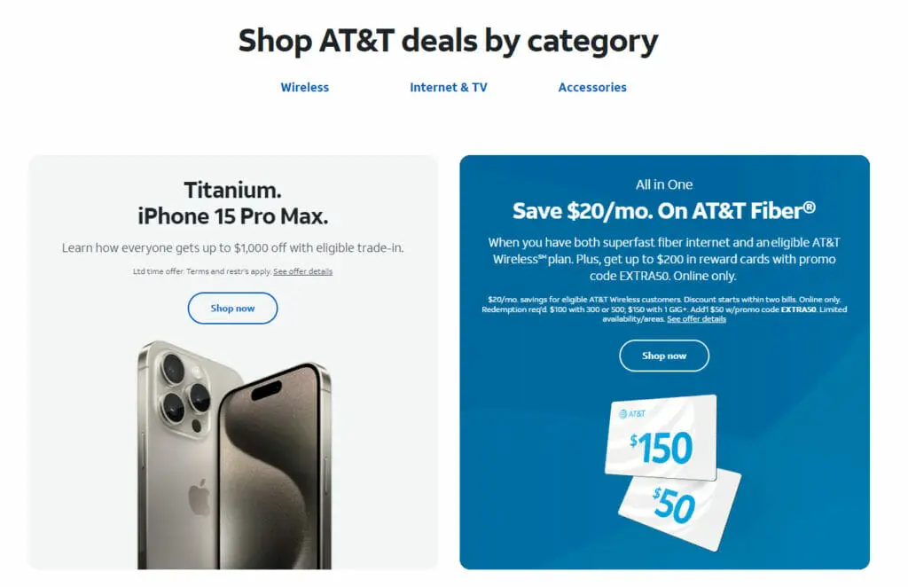 A screenshot of AT&T shop webpage