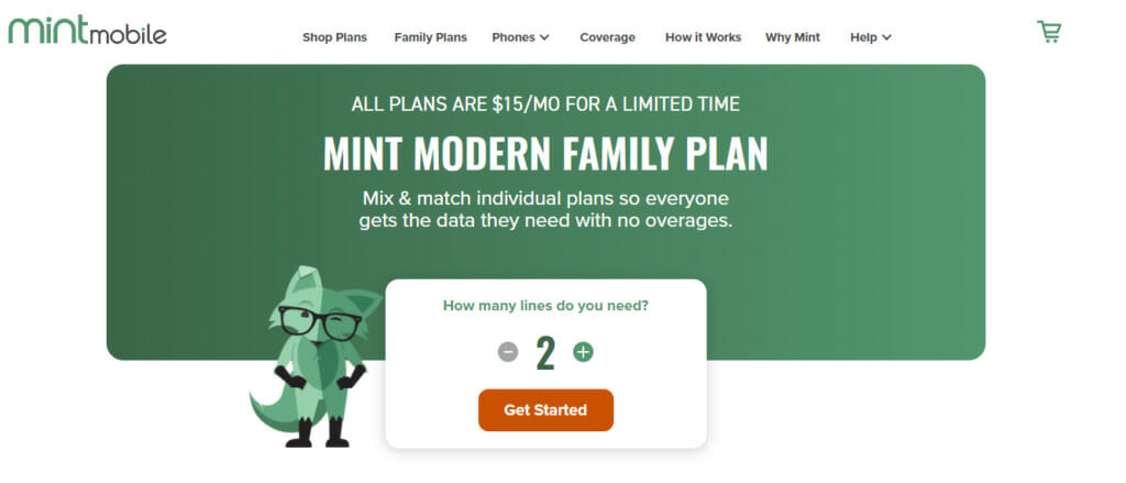 A screenshot of mintmobile website showing banner that says "MINT MODERN FAMILY PLAN"